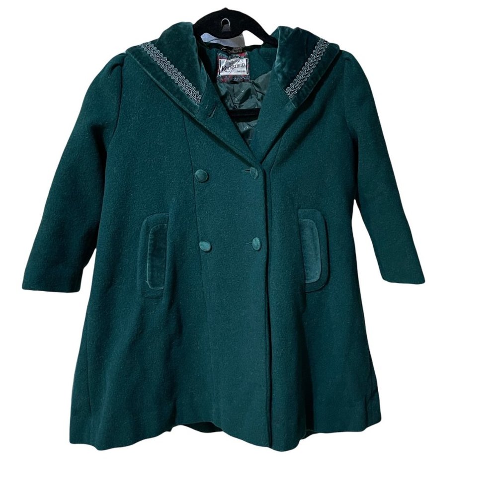 Vintage 90's Rothschild Girl's Green Wool Velvet Trim Hooded Dress Coat Size 5